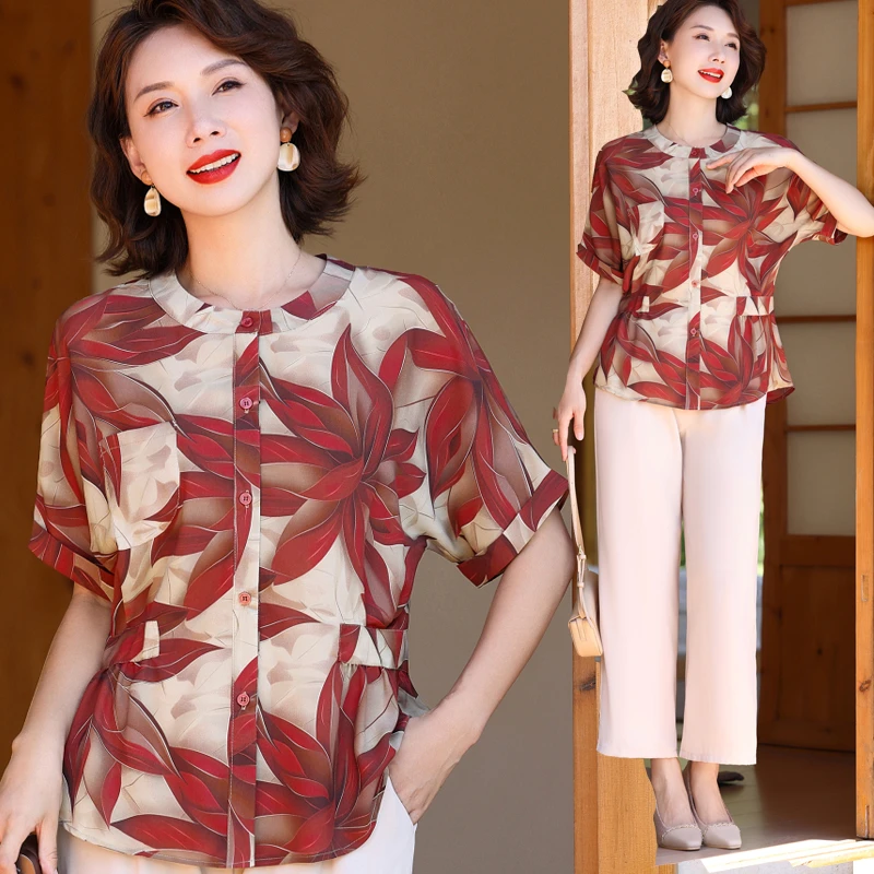 妈妈装气质夏季小衫中老年女士中年薄款T恤中年人遮肚时尚上衣服