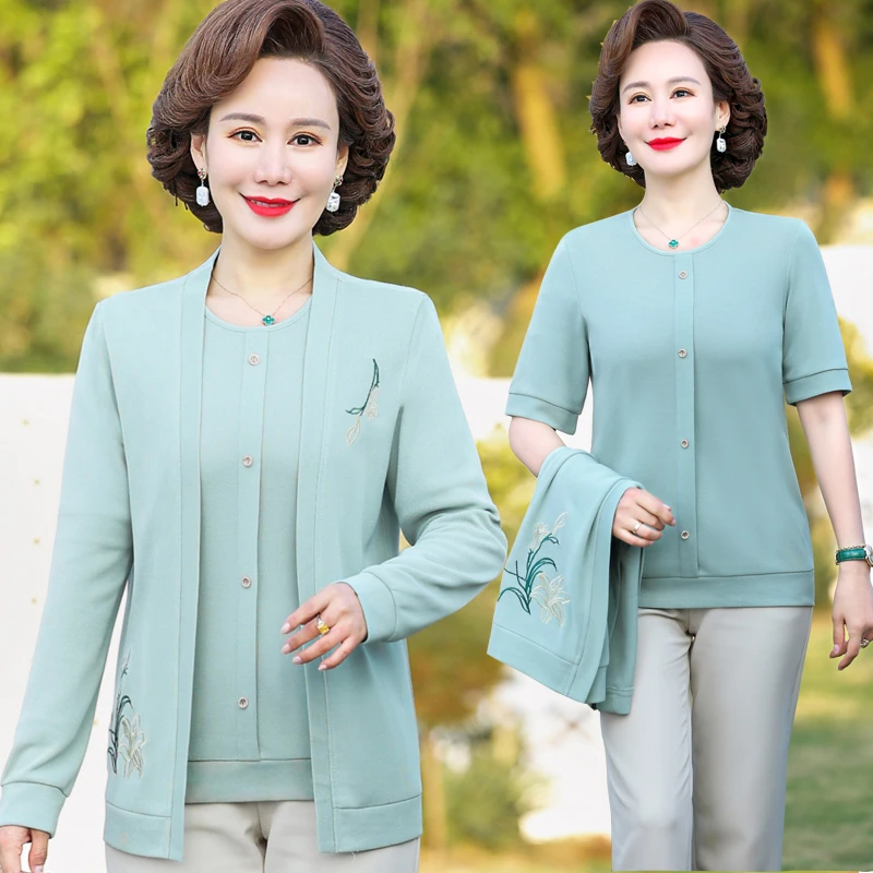 中老年女装长袖针织两件套妈妈装洋气时尚打底衫中年春秋装打底衫