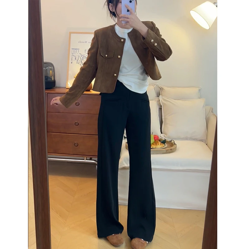 加绒休闲西装裤女高腰百搭宽松显瘦阔腿直筒裤梨型身材的裤子秋冬