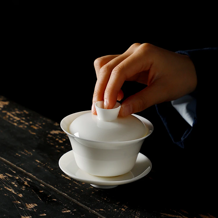 德化白瓷羊脂玉瓷家用功夫茶盖碗三才泡茶碗瓷盖碗手工陶瓷岩茶