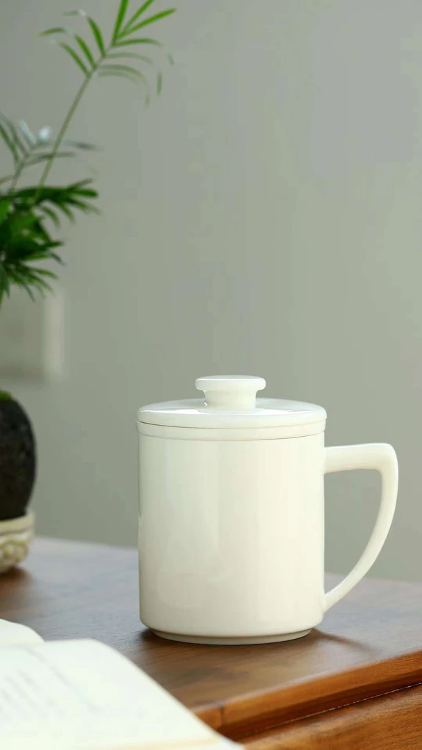 德化羊脂玉瓷釉面办公杯将军杯纯白可定制Logo大容量白瓷多功能