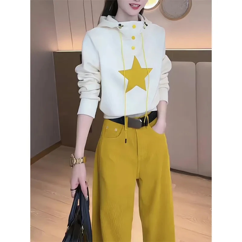 春秋一整套搭配撞色套装新款休闲时尚宽松印花卫衣直筒阔腿裤套装