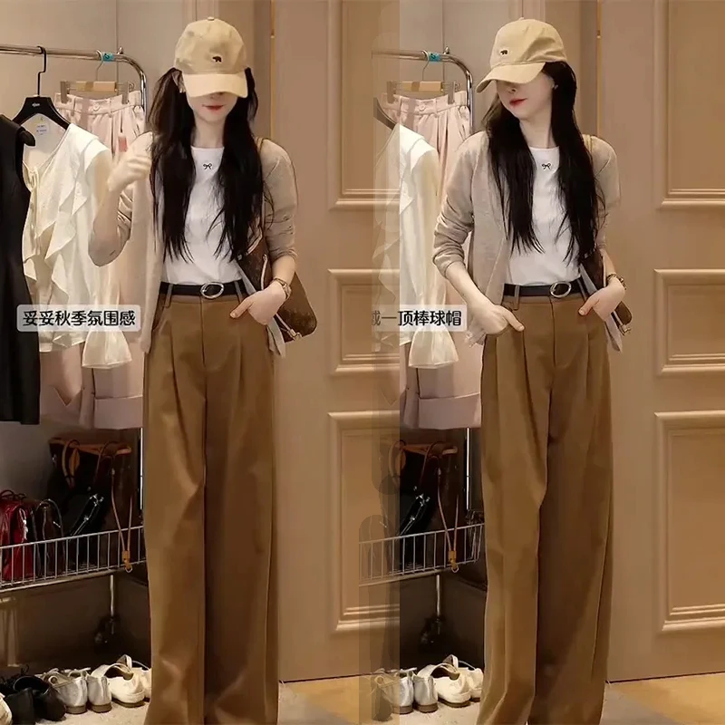 春秋装搭配韩系2025新款气质小个子针织开衫短袖阔腿裤套装三件套