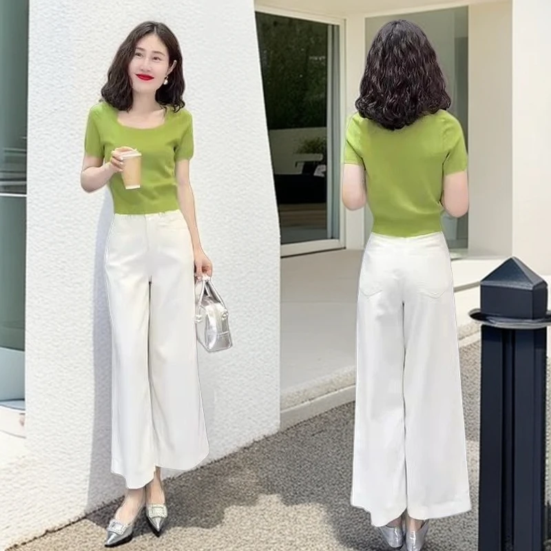 高端名媛夏季时尚穿搭气质显瘦减龄方领短袖上衣白色休闲阔腿裤子