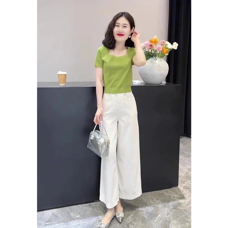 尤莱特今年流行小香风绿色方领正肩短袖t恤女高腰休闲阔腿裤子