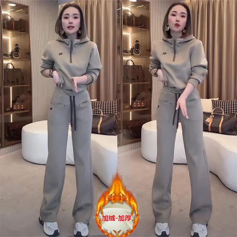 时尚休闲运动套装2025新款纯色设计感加绒连帽卫衣直筒卫裤一整套