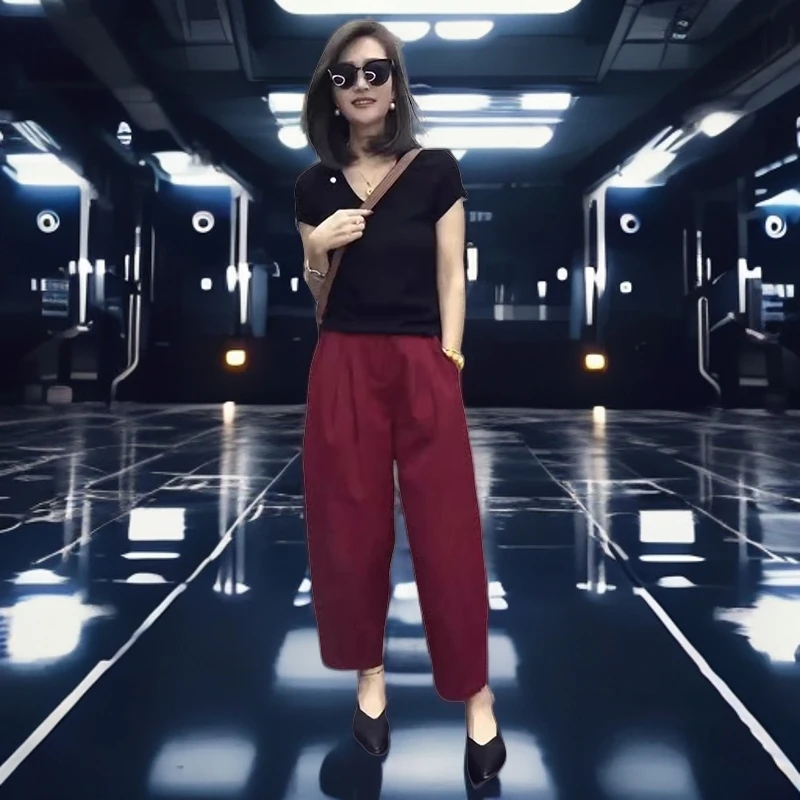 爆款现货2024新款网红时尚气质修身显瘦V领短袖上衣高腰休闲裤子