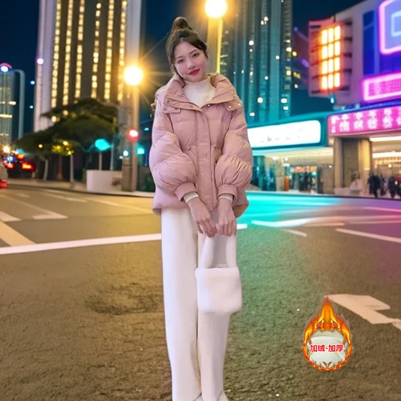 今年流行短款棉衣女款小个子保暖粉色棉服外套高腰加绒休闲阔腿裤