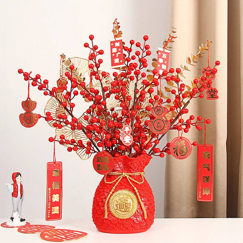 乔迁新居红果仿真花冬青果客厅结婚新年装饰假花摆设大福花瓶摆件
