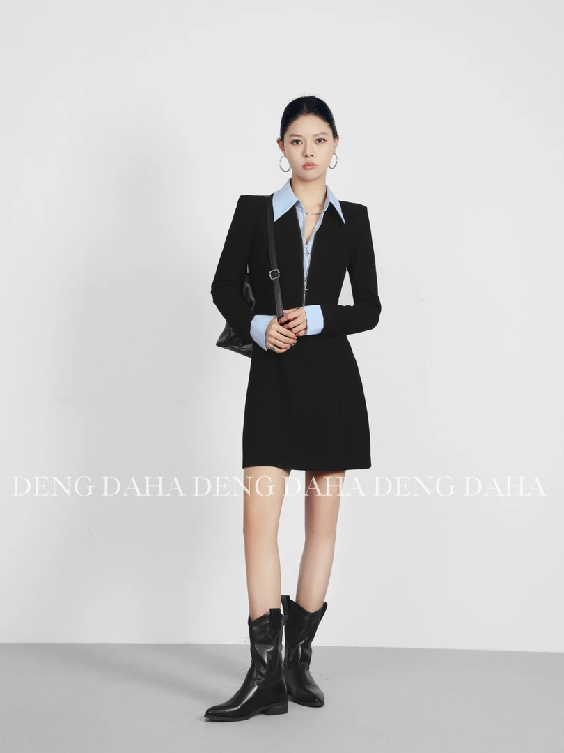 秋季新款设计感拼接复古法式连衣裙气质修身假两件短裙HBBC643051