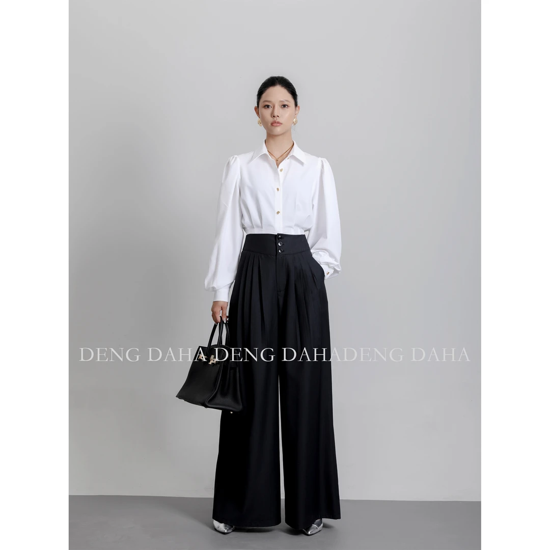 【好】「显瘦主义」秋季高腰显瘦宽松阔腿裤黑色裤子HBZC621049