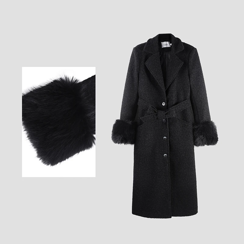 「安娜」秋冬加厚中长款毛呢绒毛袖翻领风衣HBZC641177 nnassa