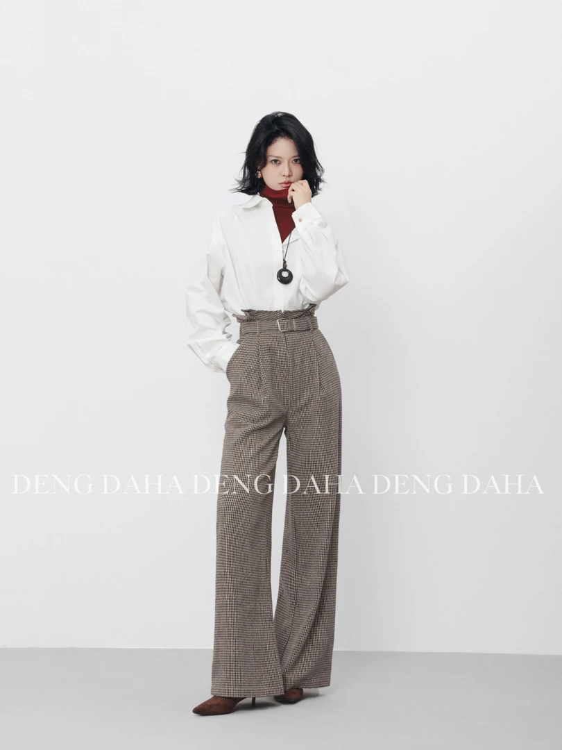 「时髦腔调」秋季千鸟格提花慵懒复古休闲长裤HBZC621111 nnassa