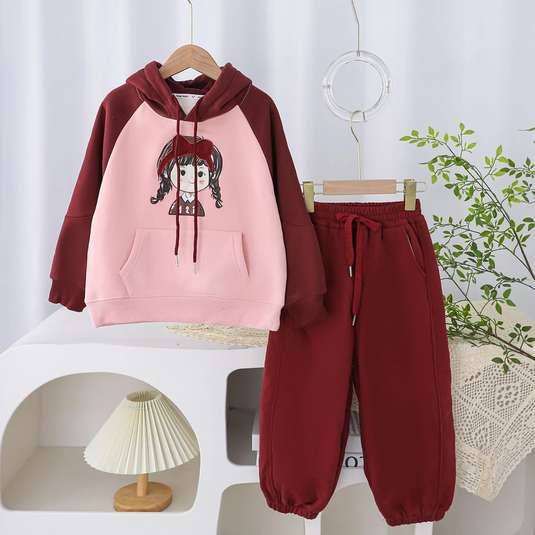 2024冬款女童中大童加绒加厚小美女刺绣蝴蝶结酒红套装