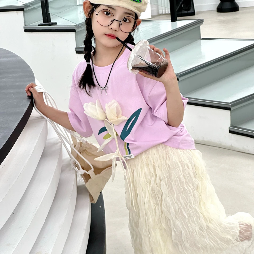 J107中大童女童洋气时尚宽松韩版女孩夏季白纱裙套装