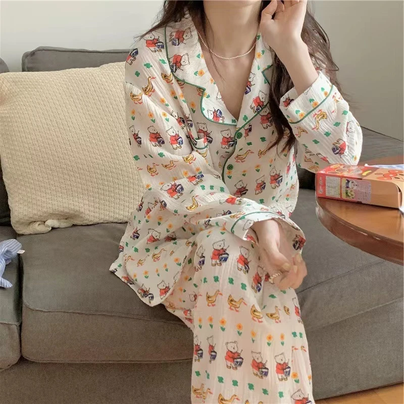 少女甜美睡衣套装泡泡纱家居服睡衣居家宽松大码小熊敲鼓动物WJJ