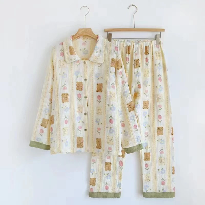 【长袖长裤】新款睡衣女春夏季纯棉纱布家居服套装条纹小熊