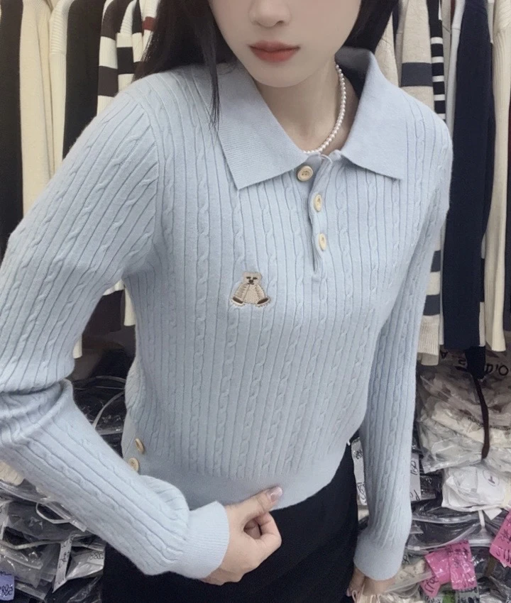 小熊刺绣麻花翻领polo衫女小个子短款针织长袖上衣秋冬