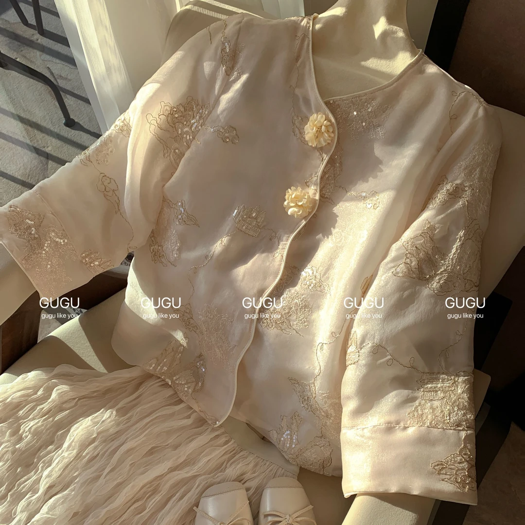 【古古】【浮生若梦】花朵刺绣闪闪新中式夏季复古中国风短外套G24106