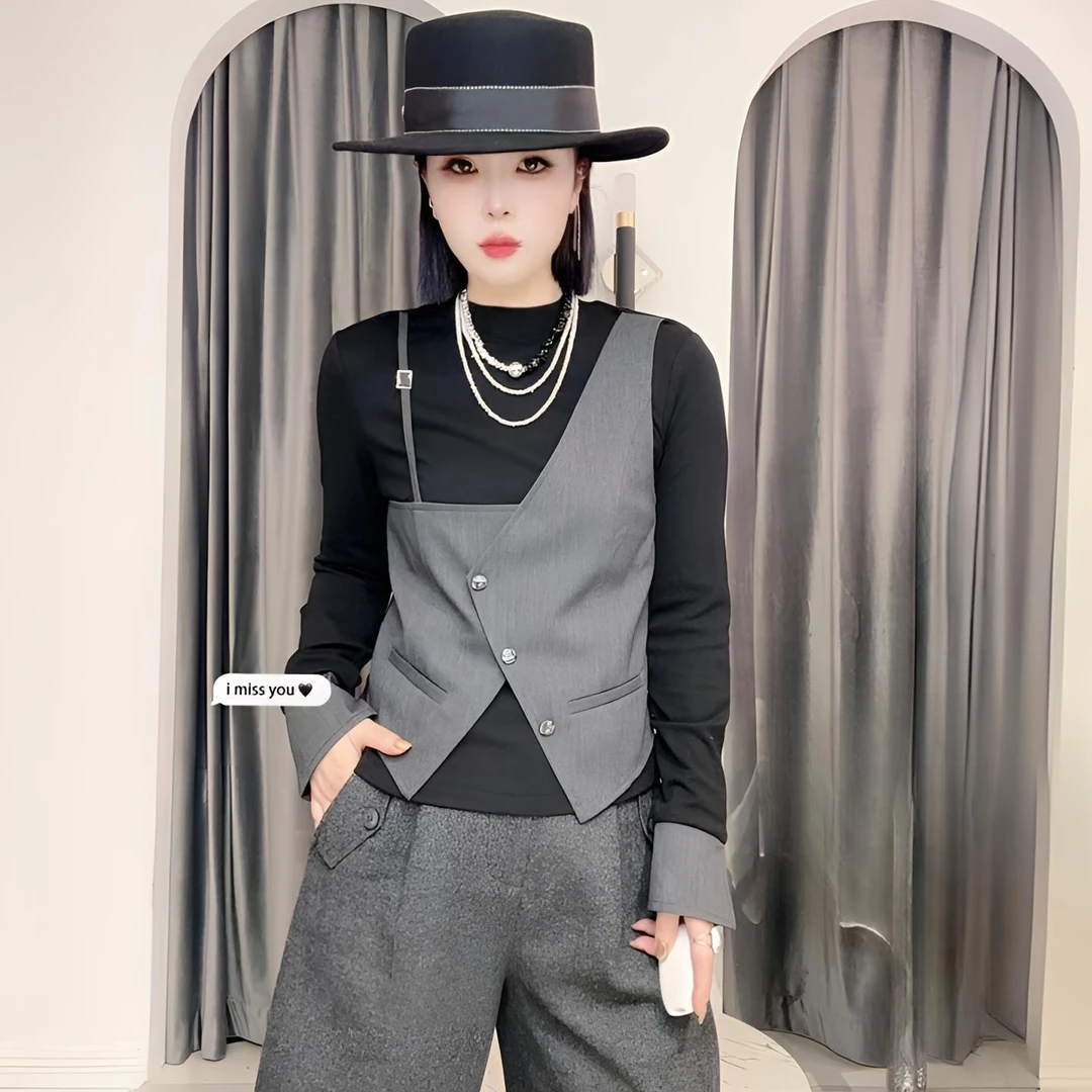 【依尚精选】欧货时尚显瘦秋冬拼接轻奢网红假两件复古休闲气质T恤