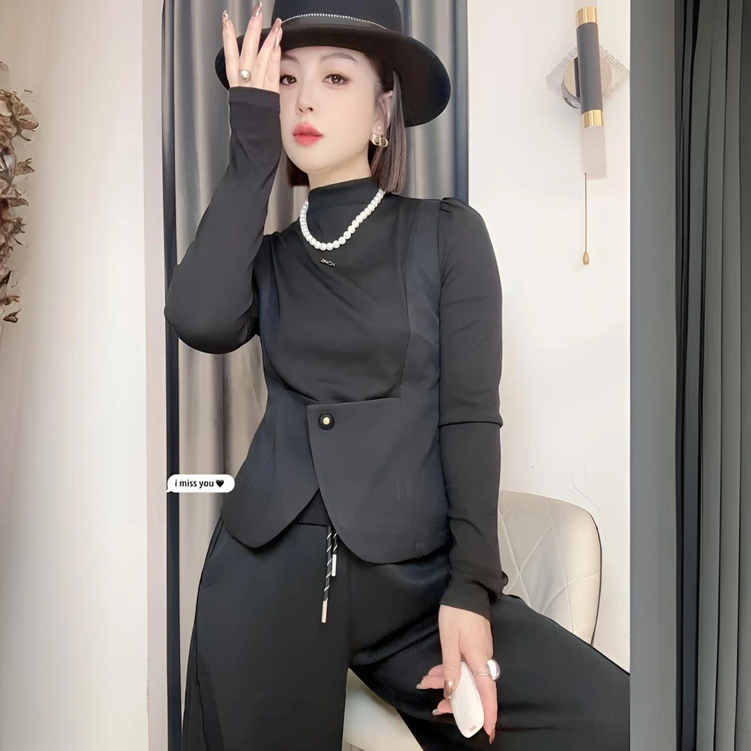 【依尚精选】欧货显瘦气质轻奢时尚百搭收腰修身长袖拼接假两件T恤