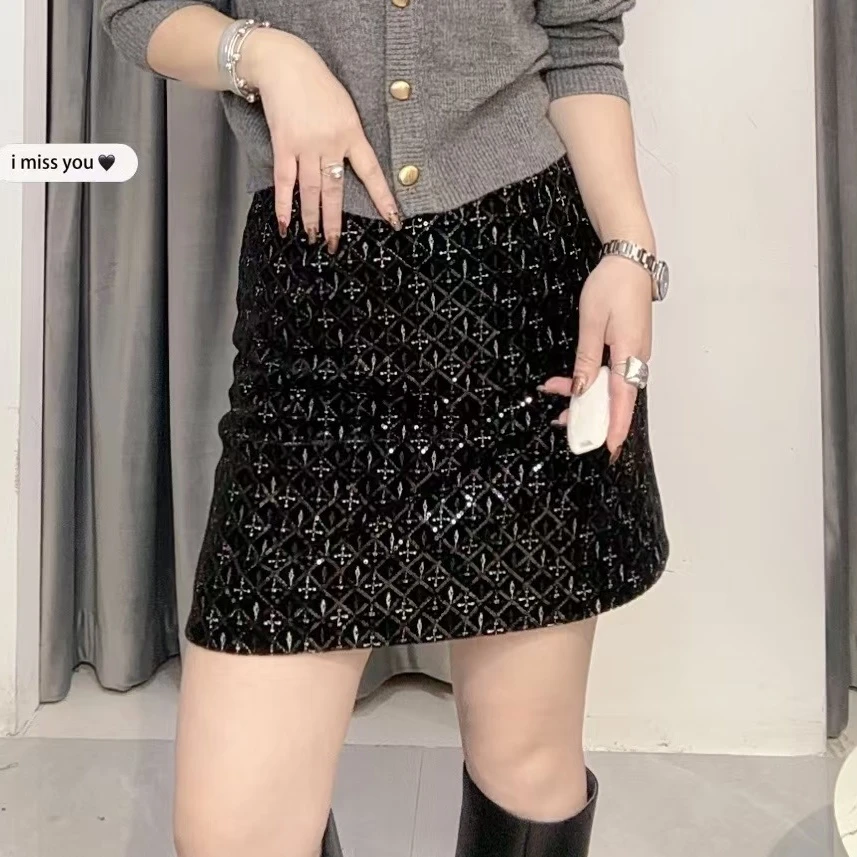 【依尚精选】欧货显瘦气质时尚亮片菱格纹丝绒A字裙安全防走光短裙