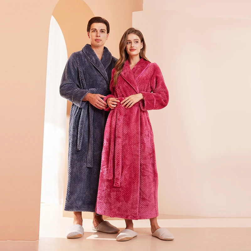 秋冬季情侣收腰浴袍男睡衣睡袍加厚长款女性感珊瑚绒长袍腰带一体