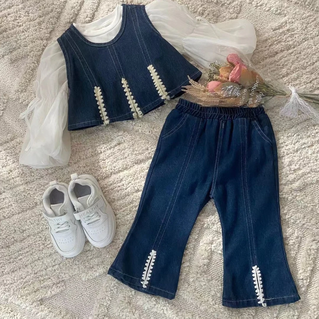 女童春秋套装2024新款韩版洋气儿童装女宝春秋季牛仔马甲长裤套装