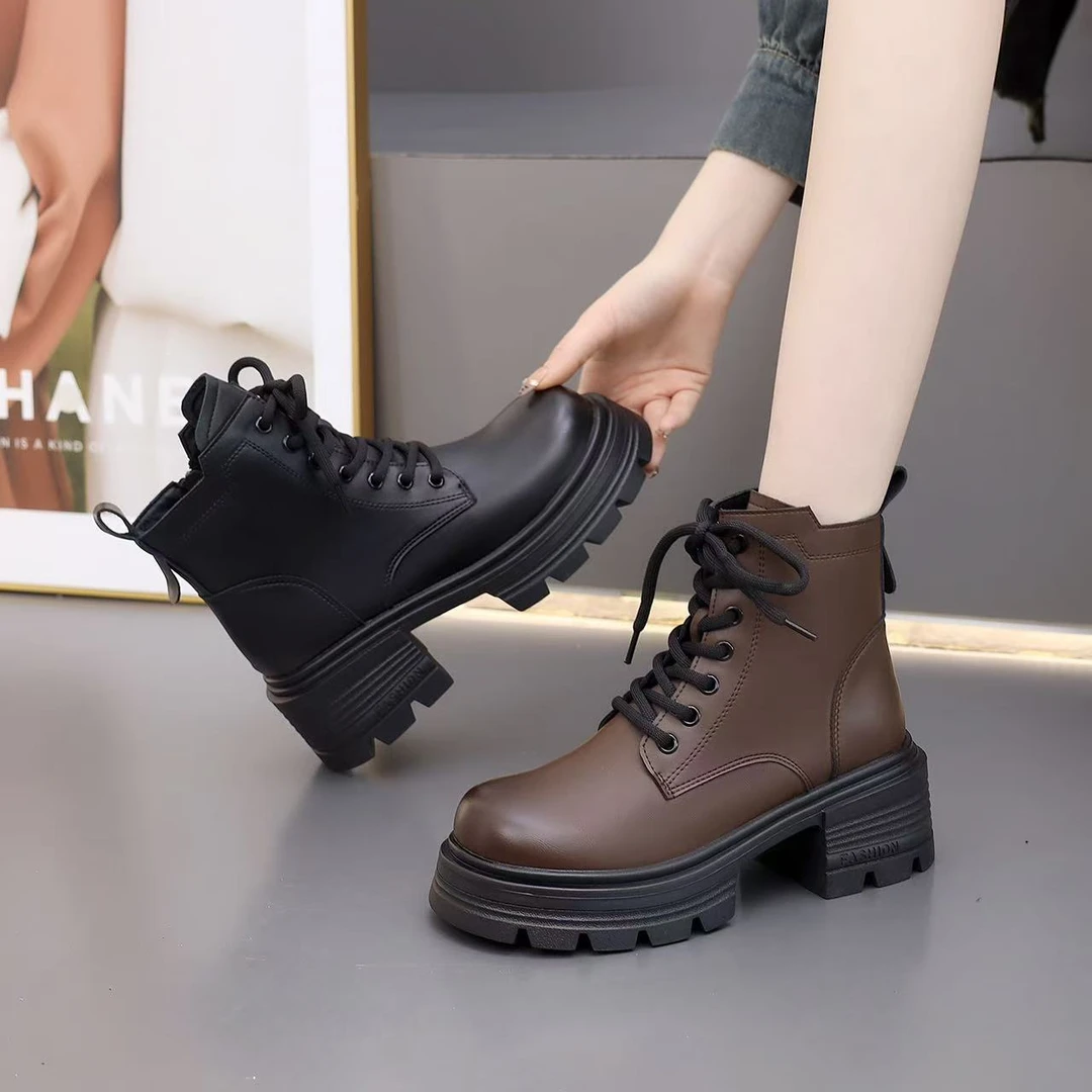 马丁靴女2024年秋冬新款真皮复古英伦风时尚百搭圆头增高粗跟短靴