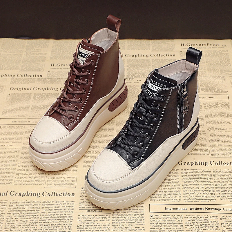 2023秋款松糕单鞋高跟厚底内增高8cm时尚休闲高帮鞋短靴女鞋