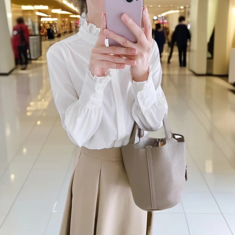 2025春夏时尚气质百搭长袖白色显瘦设计感法式木耳荷叶边女士衬衫