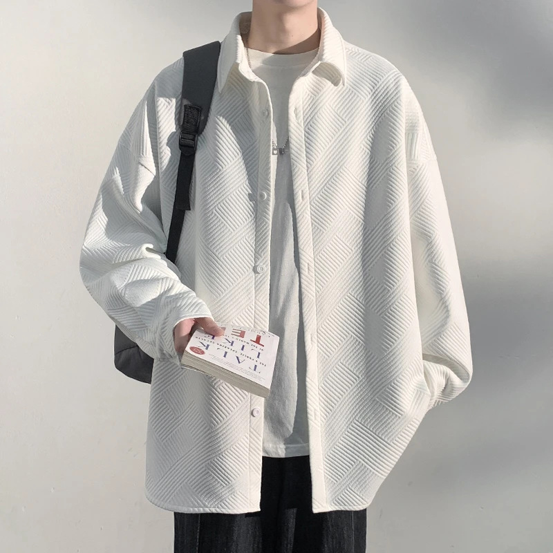 JAMKING华夫格长袖衬衫纯色潮流穿搭宽松帅气百搭休闲男衬衫外套