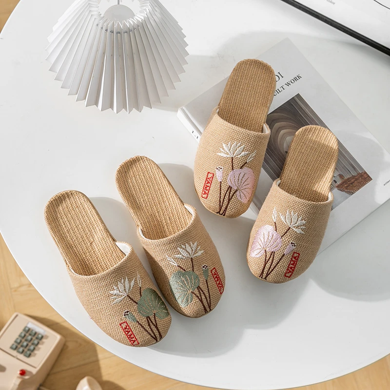 新款亚麻拖鞋包头女家用室内防滑 凉拖男居家四季高档亚麻拖鞋E28