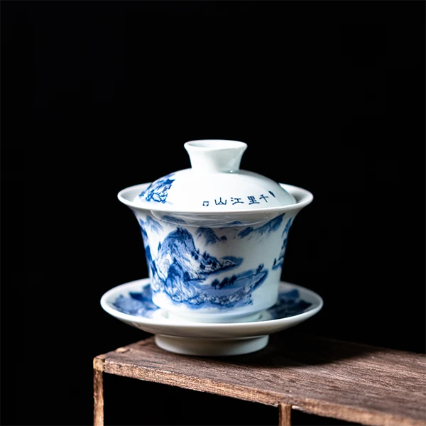简约高端茶器中式家用盖碗神器大撇口马蹄盖碗青花瓷盖碗茶杯茶具