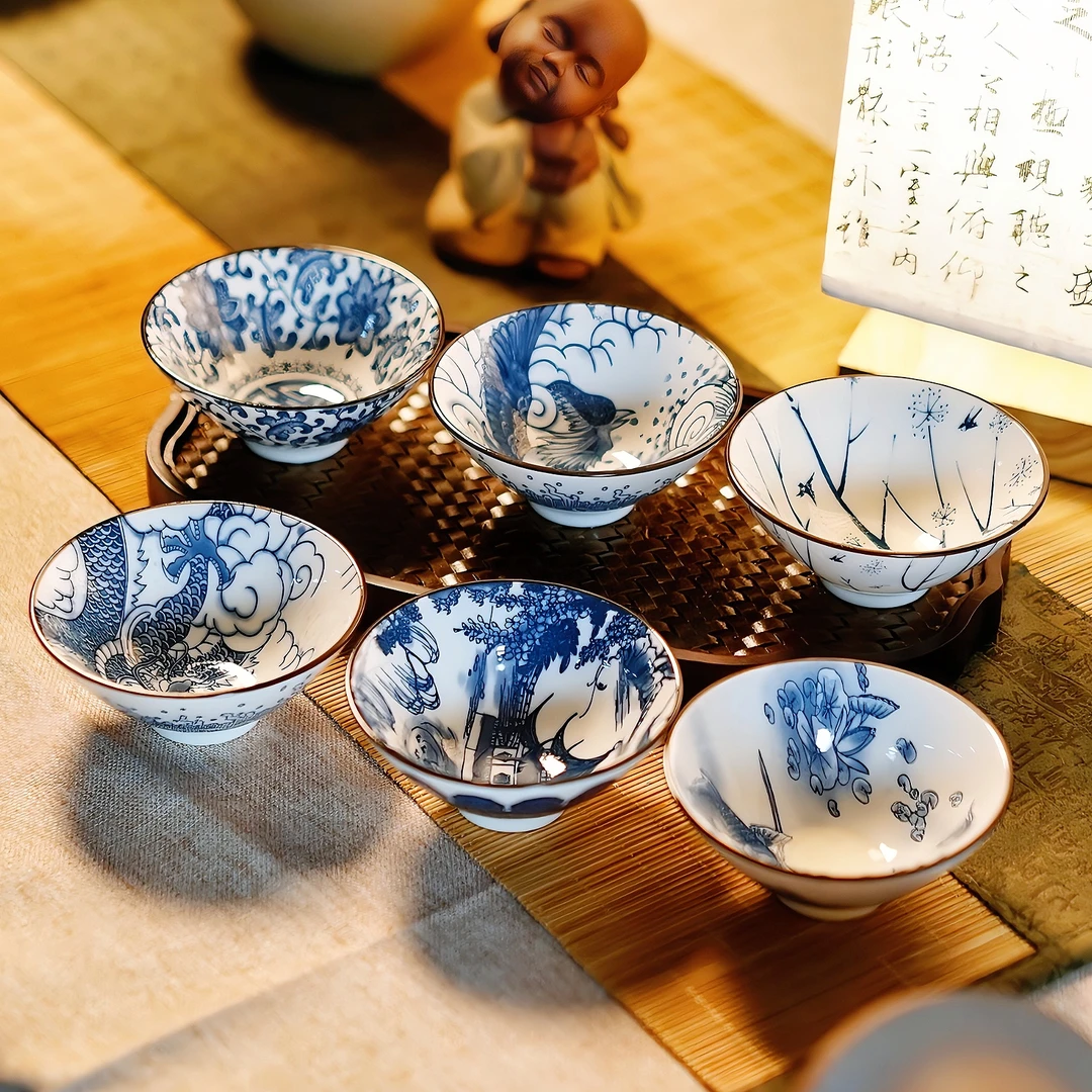 围炉煮茶青花斗笠杯仿古主人杯家用茶具釉下彩陶瓷客杯茶杯