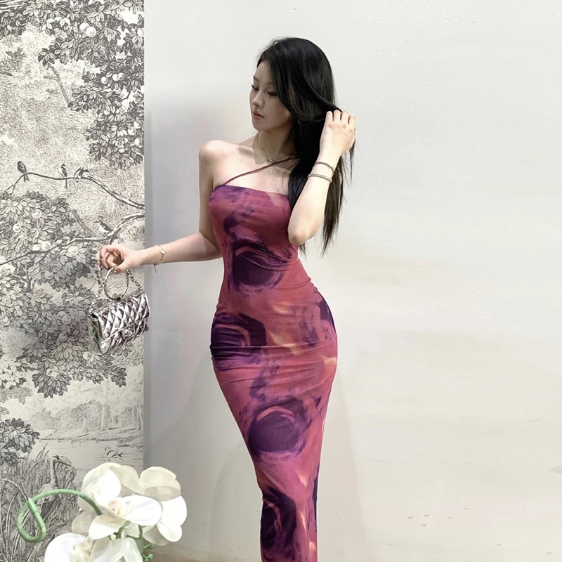 香氛野玫瑰晕染美学篇网纱斜肩吊带裙-6069露背连衣裙开叉连衣裙