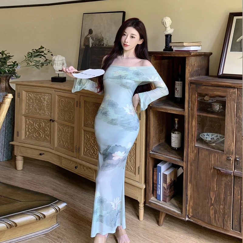 网纱印花御姐一字肩连衣裙女法式高级感辣妹收腰包臀裙-8084