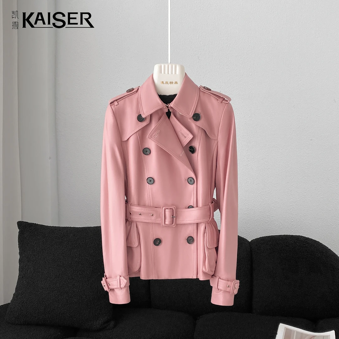 KAISER/凯撒8P1002-1秋冬时尚气质翻领双排扣收腰粉色真皮外套