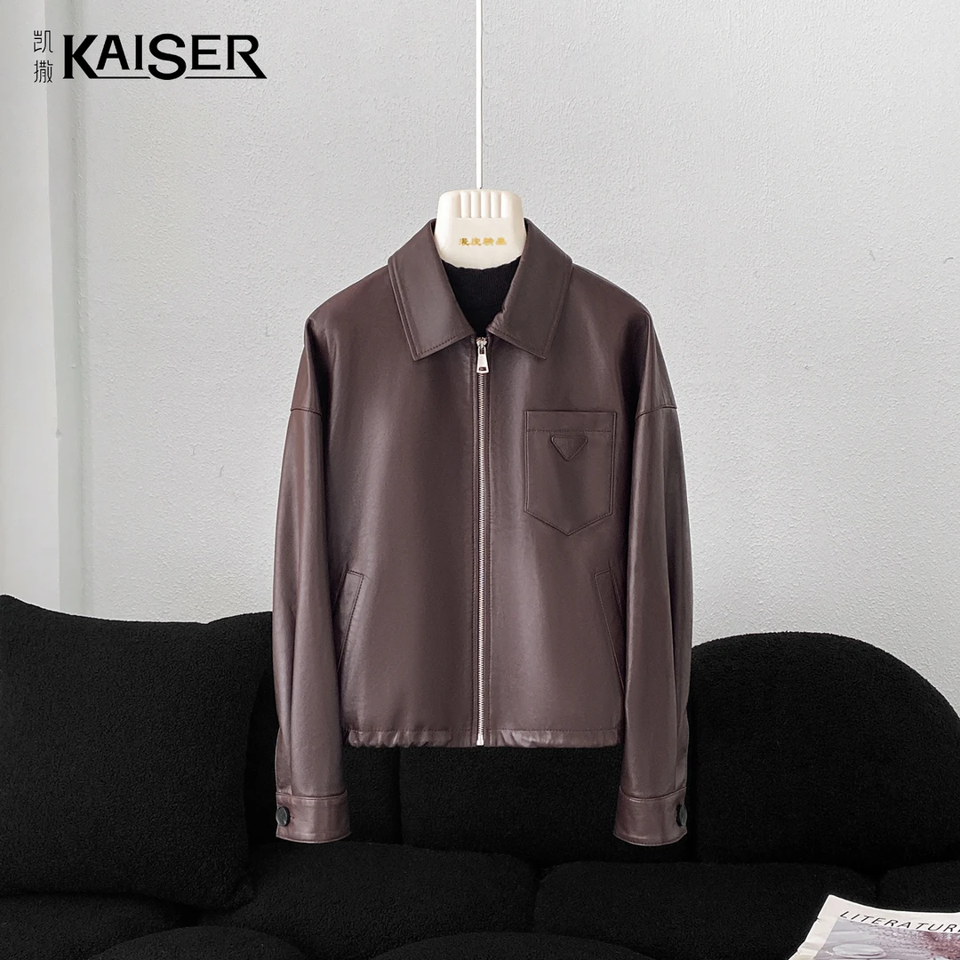 KAISER/凯撒4P3057-1秋冬季新款百搭轻奢简约纯色真皮短款外套