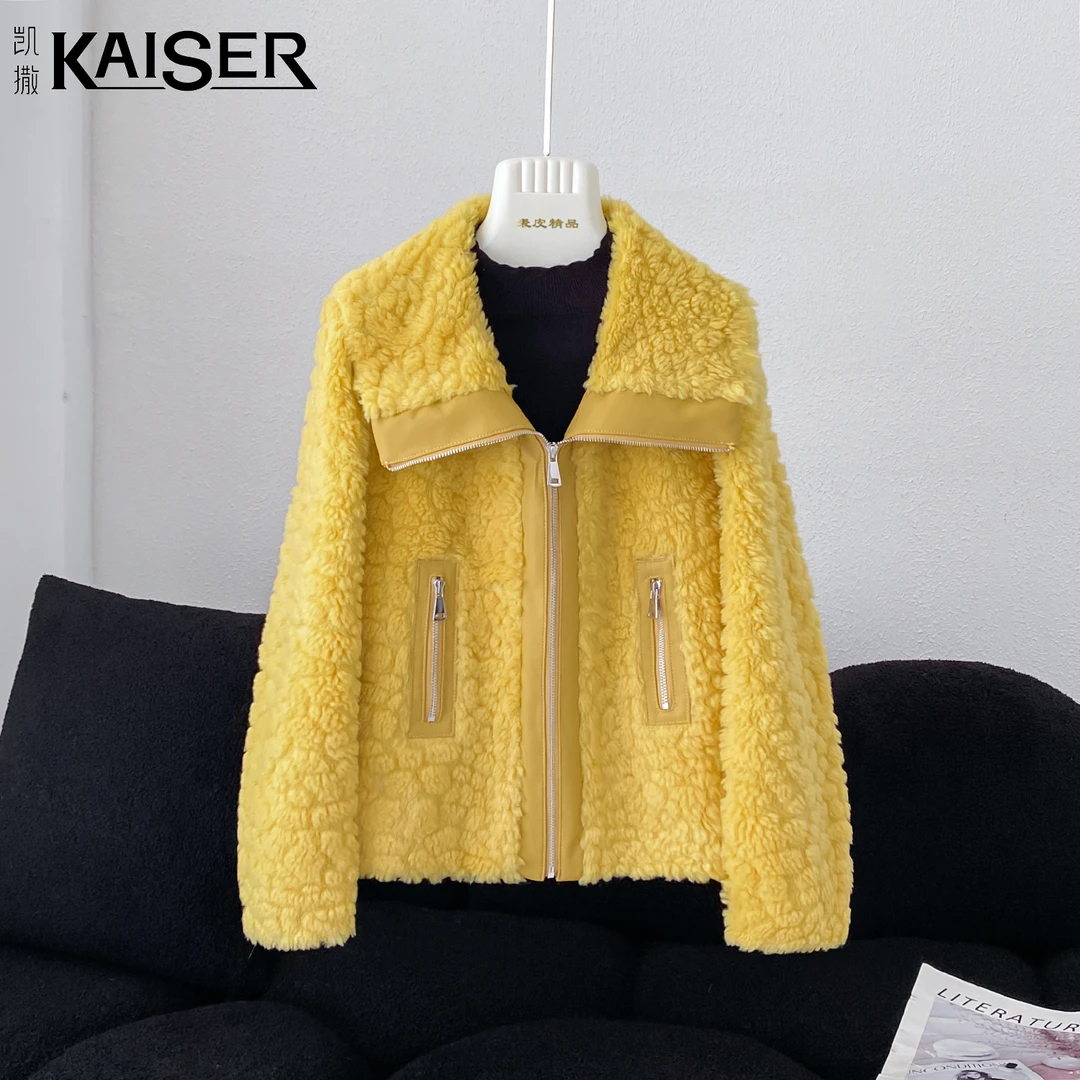 KAISER/凯撒4R3145秋冬宽松翻领中长款拉链时尚休闲百毛呢搭外套