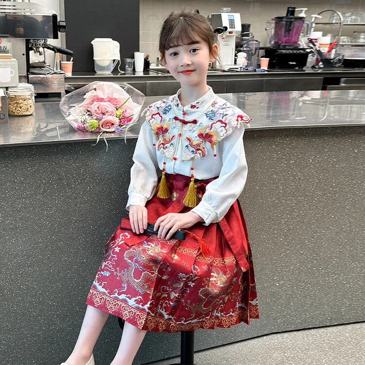 洋气新款女童马面裙套装秋季马面裙女大童汉服春装2024新款洋气中