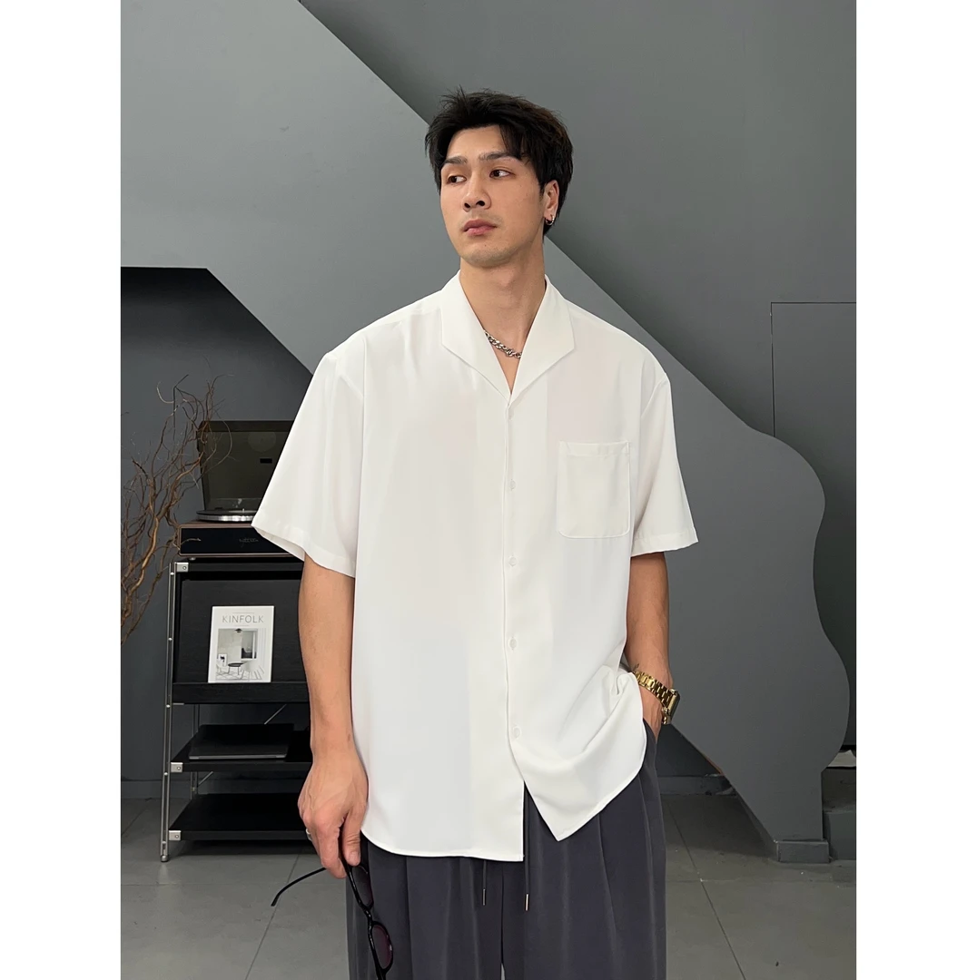 ZHOUXINHAI/夏季新中式衬衫男生高级感短袖古巴领宽松衬衣男款