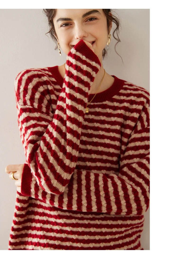 【条纹菱形】100%纯山羊绒衫女加厚外穿宽松毛衣-Z022