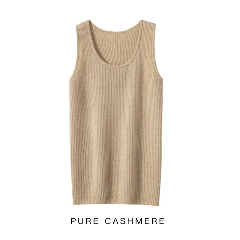 圆领 -抽条修身100%羊绒女背心马甲