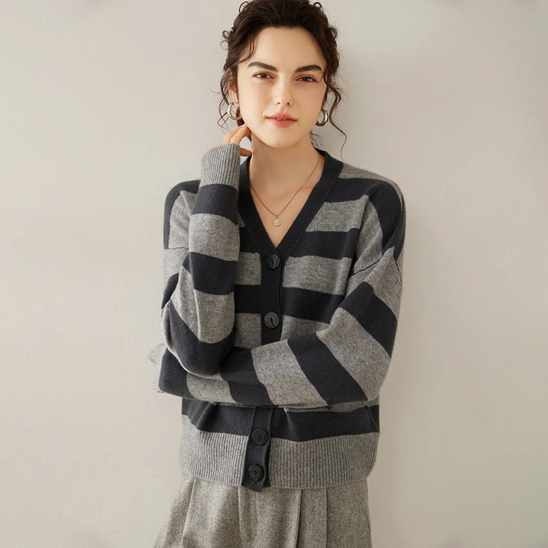 【V领条纹开衫】100%纯山羊绒衫开衫拼色加厚外套