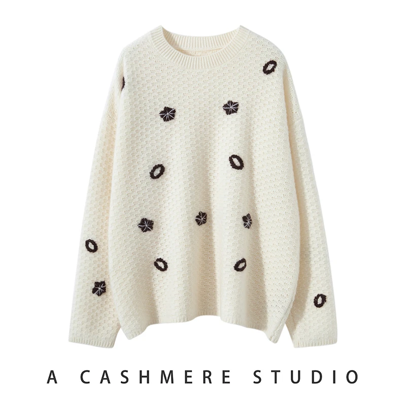 圆领-手工刺绣山羊绒重工女毛衣