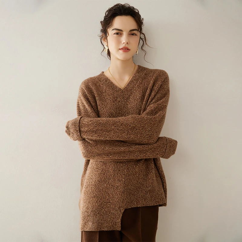 花纱100%纯山羊绒衫V领不规则外穿毛衣-Z006