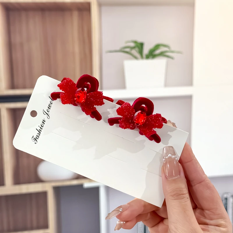 可爱4.5CM过年红色闪钻刘海夹双面蝴蝶结丝绒精致发夹秋冬发卡