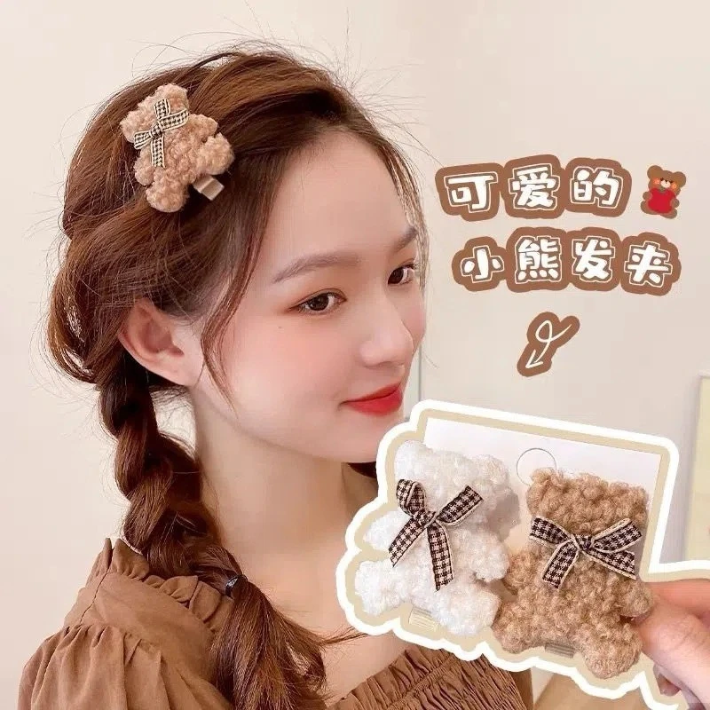毛绒小熊发夹少女可爱夹子毛茸茸鸭嘴夹蝴蝶结bb夹刘海夹边夹头饰