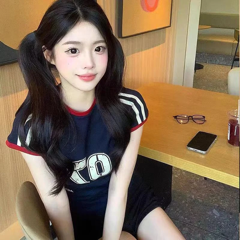 美式复古撞色条纹拼接短袖t恤女2024夏季修身显瘦短款辣妹ins上衣